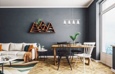 Repisa flotante moderna de madera con formas triangulares en comedor