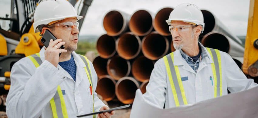 Ingenieros con equipo de seguridad revisando los planos de una obra en el sitio de una construcción