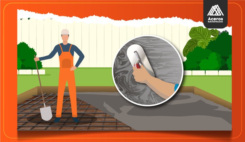 Gráfico de vaciado, distribución y allanado de hormigón sobre acero de refuerzo y base de excavación - Concreto estampado